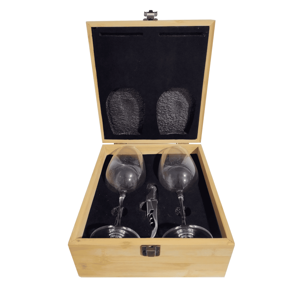 HL7631 Set de vino 2 copas Set de vino en caja de bambú con herrajes